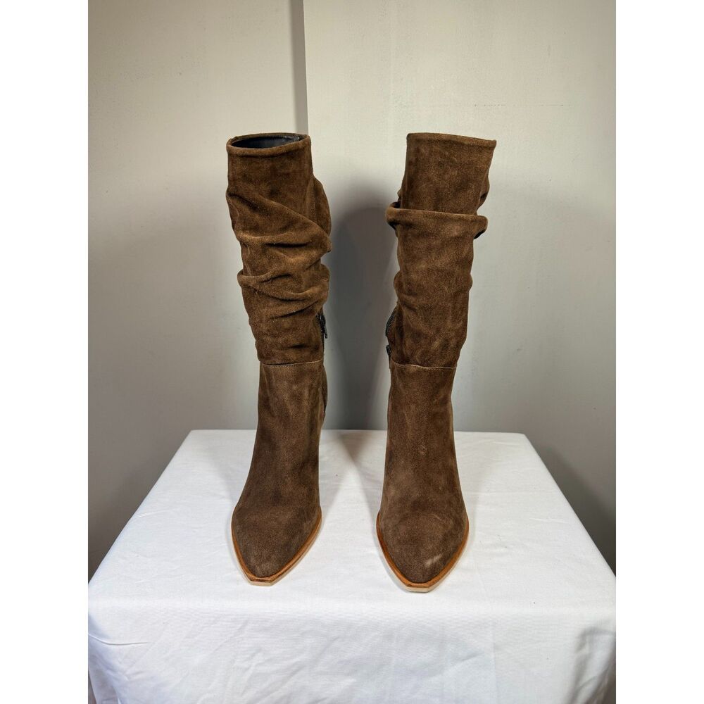 Brown January dark brown suede slouch boots with flared heel